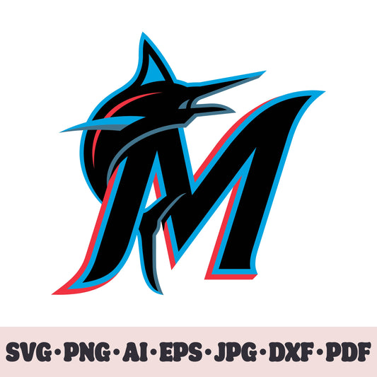 Miami Marlins baseball team logo SVG Cricut cut file. PNG Clipart. Silhouette sublimation print. Sports fan image Ai, EPS, JPG, DXF, PDF. Logotype.